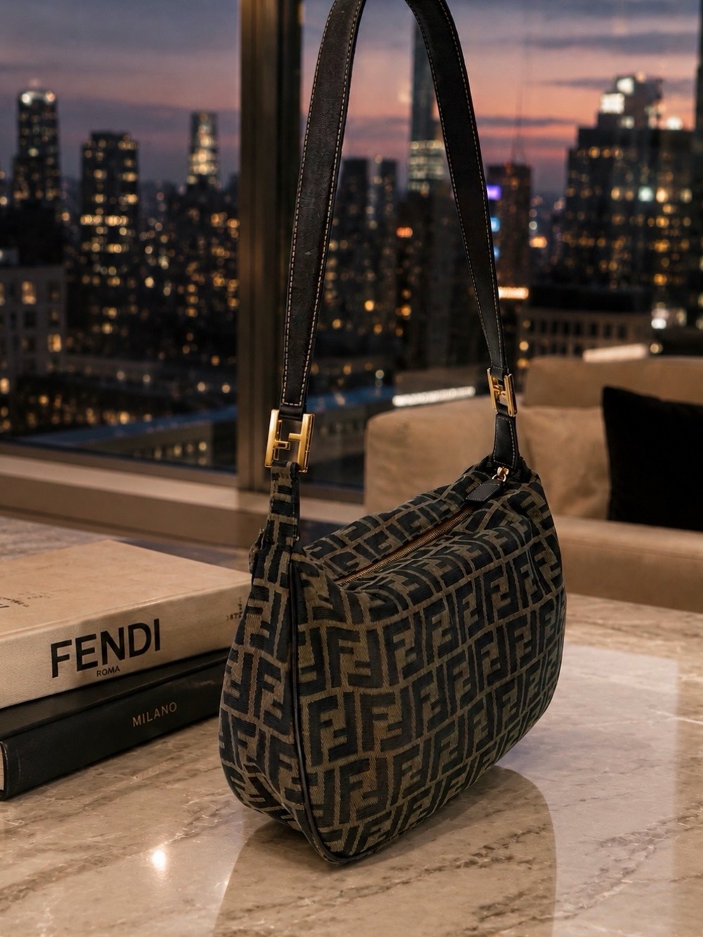 Fendi Zucca Soft Shoulder Bag in Brown/Black FF Monogram Very Good Condition